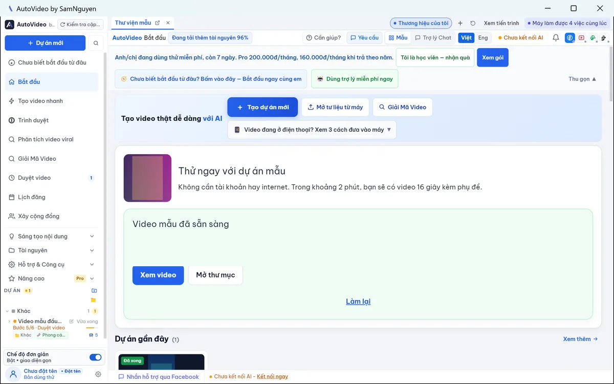 Ảnh chụp thật màn hình Bắt đầu của AutoVideo: nút Tạo dự án mới, Mở tư liệu từ máy và thẻ Thử ngay với dự án mẫu